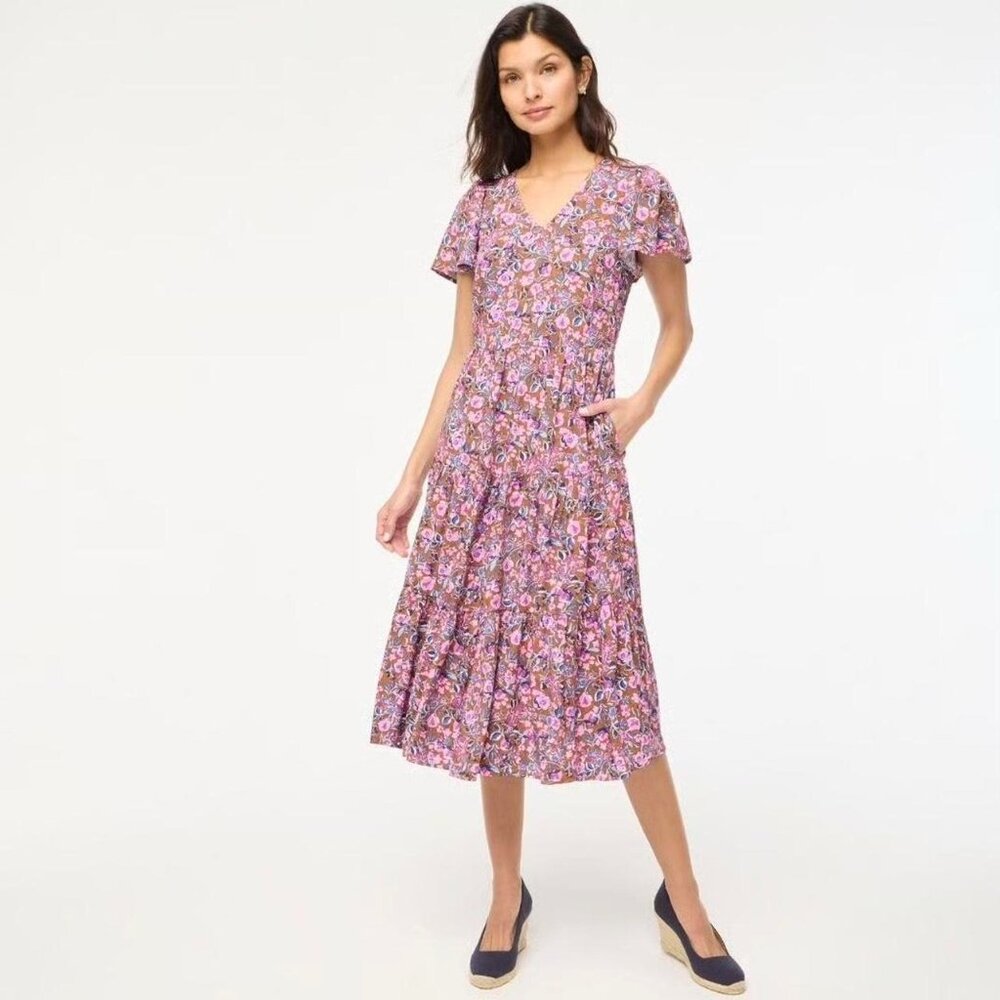 J.Crew Flutter Sleeve Tiered Floral Midi Dress